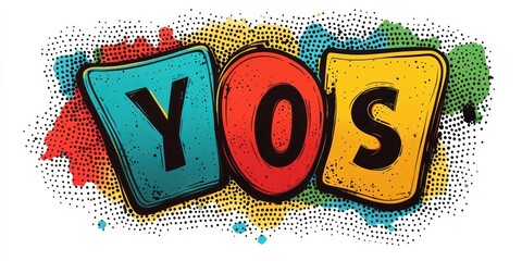 Three bold colorful comic-style panels with letters Y O S on halftone dotted paint splatter background, playful energetic pop art typography
