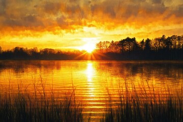 golden sunset over a calm lake with silhouetted trees, tall reeds in the foreground, dramatic clouds and glowing water reflections, serene and warm atmosphere