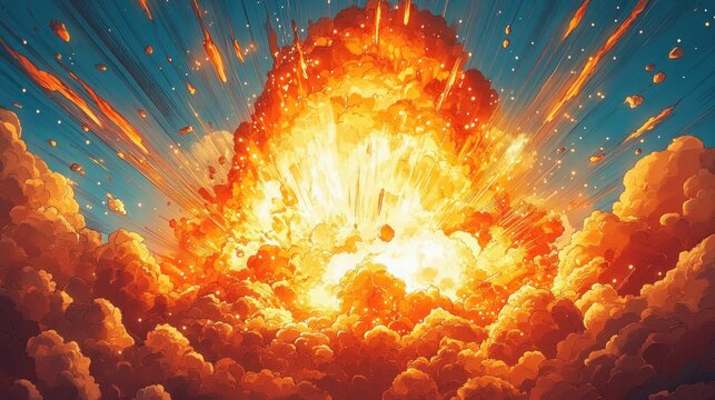 Gigantic fiery sky explosion with glowing orange mushroom cloud, flying debris and radiant shockwaves, dramatic and awe-inspiring destructive energy