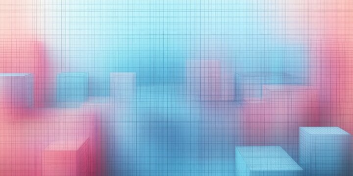 dreamy pastel blue and pink geometric blocks and floating cubes on a subtle grid with soft fog and gentle light, calm abstract minimalist scene - Powered by Adobe