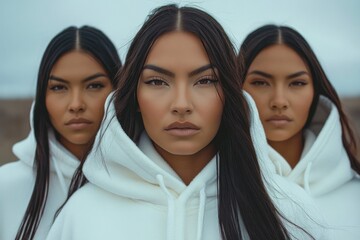 Three hooded figures with long dark hair in white sweatshirts standing outdoors under a gray sky, calm and introspective mood