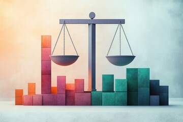 metal balance scale centered above colorful stacked blocks forming contrasting bar charts in warm orange and cool teal tones, calm balanced neutral mood