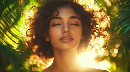 Curly-haired person with bare shoulders bathed in golden backlight, surrounded by tropical palm leaves and sun flares, evoking warm, dreamy calm and peaceful relaxation