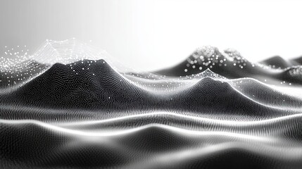 Ethereal monochrome digital landscape of undulating dotted mesh, glowing wireframe peaks and floating particles conveying calm futuristic mystery