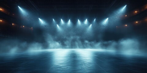 Empty theater stage bathed in blue spotlights and drifting fog with a reflective floor and dim balcony lights, evoking a dramatic, mysterious sense of anticipation
