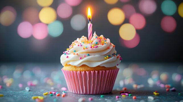 Single vanilla cupcake in pink liner with white buttercream swirl, colorful sprinkles and a lit pink striped candle on a table with scattered sprinkles and glowing bokeh lights, festive joy - Powered by Adobe