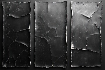 three vertical torn black paper panels with cracked textured surfaces and rough white edges on a neutral background conveying stark, somber decay
