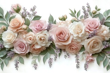 soft pastel roses and lavender sprigs with green leaves arranged in a horizontal garland, delicate romantic floral composition conveying serene elegance