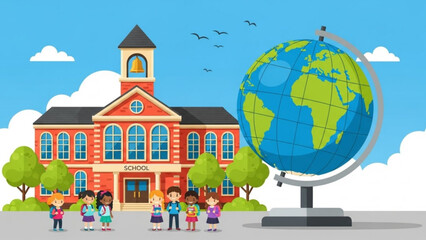 A group of diverse children standing outside a red brick school building with a globe on a stand in front, blue sky with clouds and birds flying overhead on a sunny day