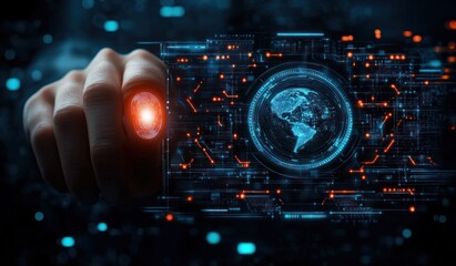 hand pressing glowing fingerprint scanner beside holographic digital globe and neon circuit interface, futuristic secure access and confident control