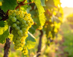 Fototapeta premium Close-up of green grapes on a vine, bathed in warm sunlight
