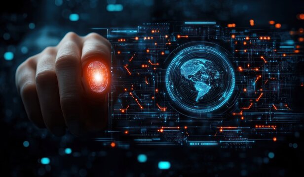 hand pressing glowing fingerprint scanner beside holographic digital globe and neon circuit interface, futuristic secure access and confident control - Powered by Adobe