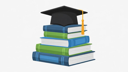 Stack of books with graduation cap on top, symbolizing education and learning, academic achievement and success