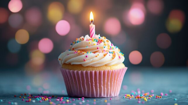 single vanilla cupcake with swirled buttercream frosting, colorful sprinkles and a lit pink striped candle on a table with warm bokeh lights, festive joyful mood