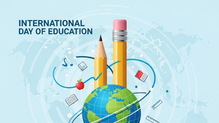 International day of education concept with globe, pencils, books, and apple on light blue background with world map