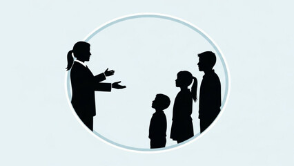 Silhouette of a woman talking to a family of three in a circle, communication concept with a businesswoman and a family with a man, woman, and child