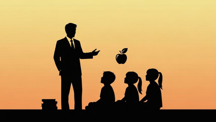 Silhouette of a man in a suit presenting an apple to three children sitting on the ground at sunset