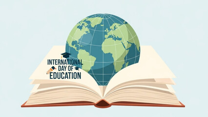 International day of education concept with globe on open book and graduation cap symbolizing global learning and literacy