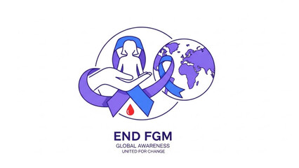 End female genital mutilation global awareness campaign symbol with purple ribbon and globe on white background