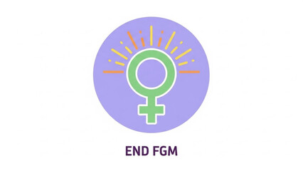 Female empowerment symbol with sun rays on purple background, end fgm movement logo, gender equality sign with orange and yellow lines, female gender symbol
