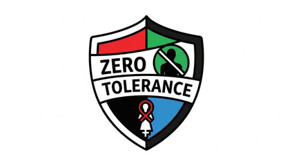 Zero tolerance shield logo with red, green, blue and white colors, silhouette, and awareness ribbon, symbolizing protection and advocacy
