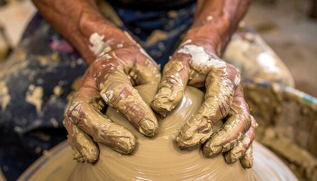 Close-up of hands shaping clay on a pottery wheel