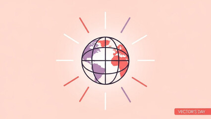 Globe icon with colorful continents and sunburst effect on soft pink background, vector illustration