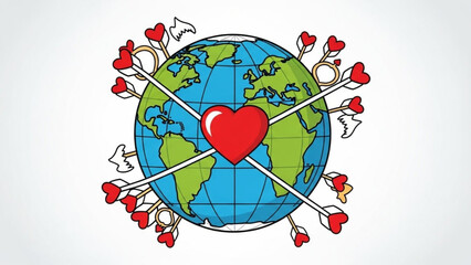 Globe with heart pierced by arrows surrounded by heart shaped flowers on white background