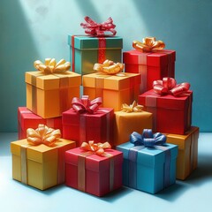 Fototapeta premium Stack of colorful wrapped gift boxes with shiny ribbons and bows on a teal background, festive joyful celebration and anticipation
