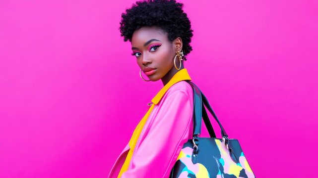 Fashionable woman with colorful bag against pink wall ? trendy style and bold expression