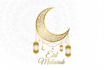 Eid Mubarak Golden Greeting Card with Calligraphy, Foil Stars, Crescent Moon, and Lanterns on White