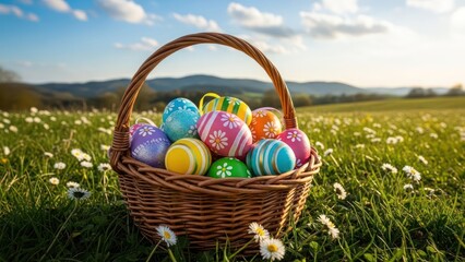 Basket brimming with vibrant easter eggs nestled in a field of daisies under a bright sky