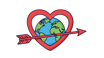 Red heart with arrow through earth globe symbolizing global love and unity on white background