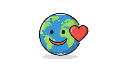 Smiling cartoon globe with heart, happy earth, love for the planet, isolated on white background, eco friendly symbol