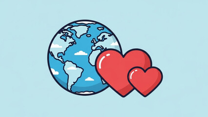 Earth globe with two red hearts symbolizing global love and care for the planet