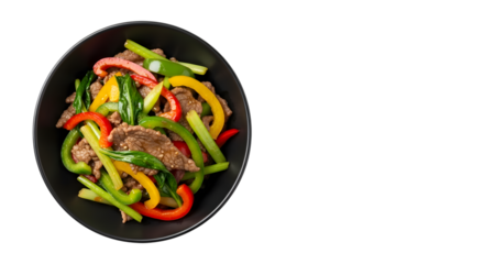 Delicious stir fry dish with vegetables and meat isolated on transparent background