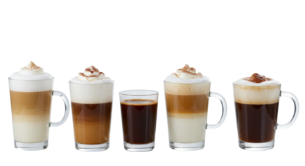 Four steaming hot coffees (latte, mocha, cappuccino, macchiato) in clear glass mugs, layered, garnished, against a white studio background with copy space. Concept for beverage advertising