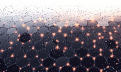 glowing honeycomb network of glossy hexagonal panels with orange connection points and scattered reflective particles on a dark reflective surface, evoking futuristic calm and wonder