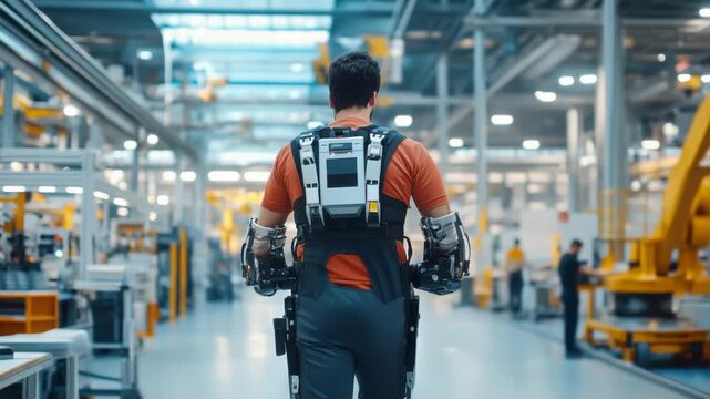 Robotics engineer navigating automated factory with exoskeleton technology
