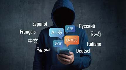 Digital illustration of an anonymous person in a hoodie using a smartphone for instant global language translation.