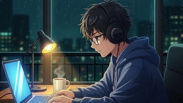 Focused digital artist engrossed in creative work on a rainy night creating arts - Powered by Adobe