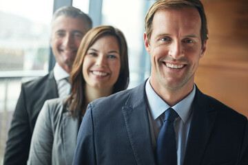 Happy, portrait and group of people in office for leadership, solidarity and pride at law firm. About us, business and team of lawyers with professional management, advice or support at legal agency