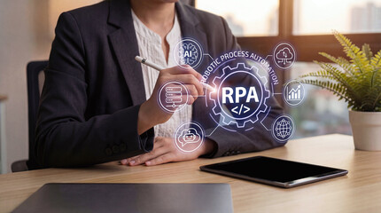 Robotic Process Automation (RPA) concept featuring a businesswoman interacting with a digital HUD interface in an office
