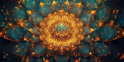 intricate golden and teal mandala flower with layered glowing petals and sparkling light particles, ornate metallic texture, mesmerizing and majestic