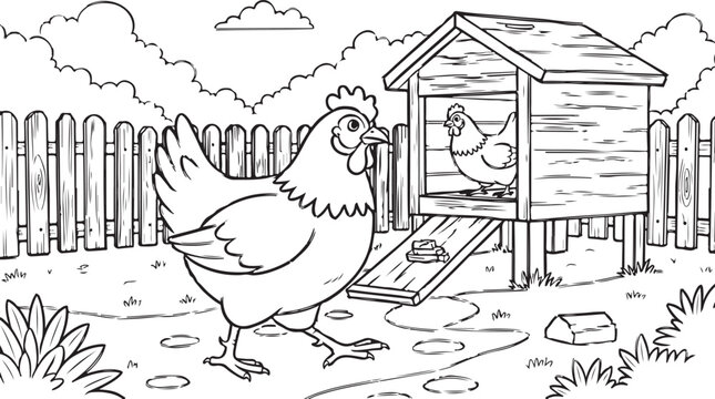 Black and white of two chickens near a wooden coop and fence farm rural
