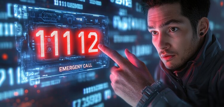 person's hand reaching to press glowing red emergency call number 11112 on a futuristic holographic interface with digital data backdrop, urgent tense atmosphere - Powered by Adobe