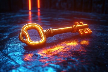 glowing ornate golden key lying on wet textured stone floor with blue and orange neon reflections and vertical lights, mysterious cinematic mood