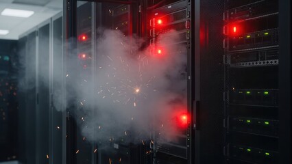 Server room malfunction incident with visible smoke and sparks disrupting operations and