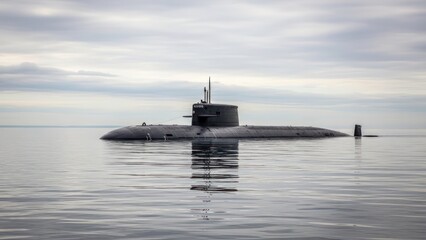 Silent depths: A submarine's mysterious presence on calm waters beneath cloudy skies