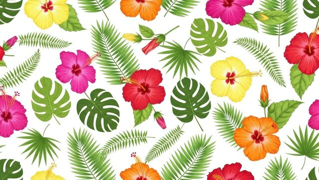 Vibrant tropical floral design featuring hibiscus blossoms and various frond leaves - Powered by Adobe